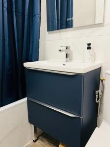 a bathroom with a blue vanity with a sink at Beau studio proche des Halles in Crémieu +6 photos