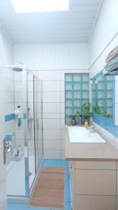 a bathroom with a glass shower and a sink at Kanela Guest House in Machico +35 photos