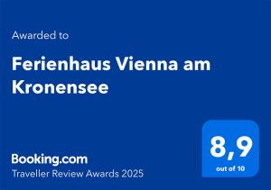 Ein Zertifikat, Auszeichnung, Logo oder anderes Dokument, das in der Unterkunft Ferienhaus Vienna am Kronensee ausgestellt ist