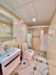 Un baño con inodoro, lavabo y ducha. en Darina Rum Camp, en Wadi Rum