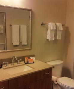 a bathroom with a sink and a toilet and a mirror at Ledgestone Hotel Elko in Elko