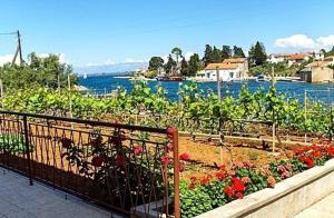 a garden with flowers and a view of the water at Apartments Lukoran in Lukoran