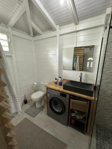 a bathroom with a washing machine and a toilet at la Canne a sucre in Pointe-Noire
