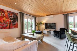 カップブルトンにあるVilla Terrama Capbretonのソファとテレビのあるリビングルーム