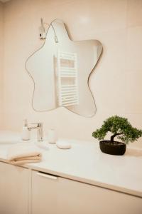 a bathroom with a mirror and a plant on a counter at Balili Home by the Sea in Ferrel