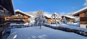 a snow covered yard in front of a lodge at Ferienwohnung Sonnenwinkl in Reit im Winkl
