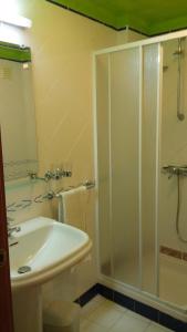 a bathroom with a glass shower and a sink at Residencial Moeda in Coimbra