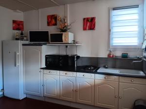 Maisonnette Individuelle Proche Centre Ville à La Faute-sur-Mer - FR-1-476-131 في لا فاوت سور مير: مطبخ مع ثلاجة بيضاء ومغسلة