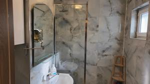 ein Badezimmer mit Waschbecken und Glasdusche in der Unterkunft Tineretului in Bukarest + 9 Fotos
