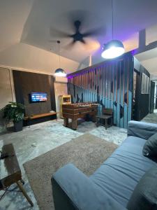 a living room with a pool table and a couch at Kerlingfornia Pond View Farm House in Kerling