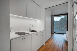 Kuchyň nebo kuchyňský kout v ubytování Idyllische Seeblick-Apartments - Auszeit am Thaler See Garten Graz