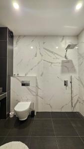 a bathroom with a toilet and a marble wall at Cozy Urban Heaven with Dedicated Parking Spot in Sofia