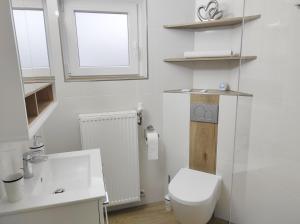 a white bathroom with a toilet and a window at Ferienwohnung Sauer in Tiefenbach +12 photos