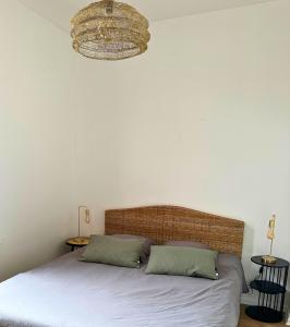 1 dormitorio con 1 cama con 2 almohadas y lámpara de araña en BO'M Appart, en Tourcoing