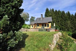 a yellow house on a hill with trees at Exklusives Ferienhaus "Waldzauber" Ruhe und Natur pur am Waldrand genießen in Schönheide