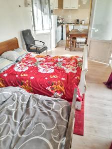 a bed with a red blanket on top of it at Studio confortable à Bellerive-sur-Allier 30 m² avec jardin in Bellerive-sur-Allier