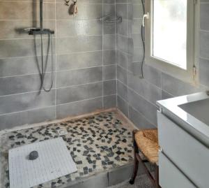 a bathroom with a shower with a tile floor at Studio confortable à Bellerive-sur-Allier 30 m² avec jardin in Bellerive-sur-Allier +10 photos