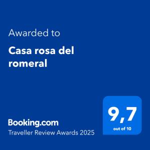 Certifikát, hodnocení, plakát nebo jiný dokument vystavený v ubytování Casa rosa del romeral