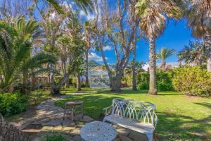 a park with two chairs and a table and palm trees at Hurricane Beach Hotel in Tarifa