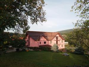 a large pink house with a large yard at Casa Dorin Capacitate Autocar in Borşa