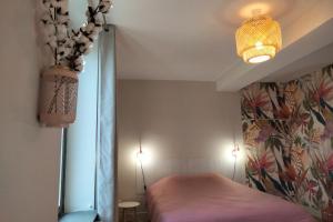 a bedroom with a pink bed and a chandelier at Gîte de Briante in Saint-Lager