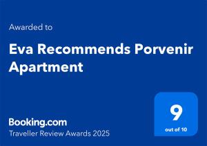 Ein Zertifikat, Auszeichnung, Logo oder anderes Dokument, das in der Unterkunft Eva Recommends Porvenir Apartment ausgestellt ist