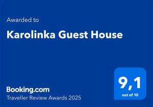 Certyfikat, podpis lub inny dokument wystawiony w obiekcie Karolinka Guest House
