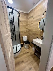 a bathroom with a toilet and a sink at Apartament Rosalia in Srebrna Góra +20 photos