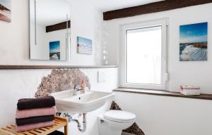 a bathroom with a sink and a toilet and a window at 4 Bett Ferienwohnung Weintraube in Wengenroth