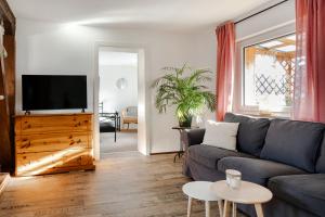 a living room with a couch and a flat screen tv at 4 Bett Ferienwohnung Weintraube in Wengenroth