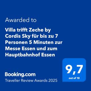 een screenshot van een telefoonscherm met de tekst wilde toillinfifth zebra door bij Villa trifft Zeche by Cordis Sky für bis zu 7 Personen 5 Minuten zur Messe Essen und zum Hauptbahnhof Essen in Essen