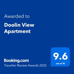 Vottorð, verðlaun, skilti eða annað skjal til sýnis á Doolin View Apartment