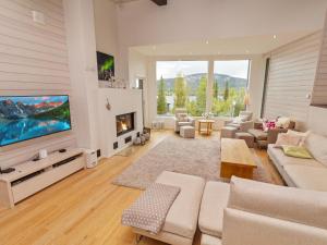ein Wohnzimmer mit einem TV, einem Sofa und einem Kamin in der Unterkunft Holiday Home Holy lake chalet a by Interhome in Kuusamo