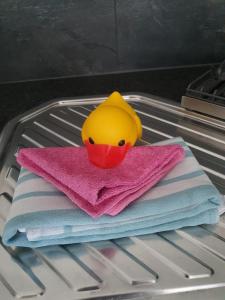 a yellow rubber duck sitting on a pile of towels at Koblenz Asterstein Ferienwohnung in Koblenz