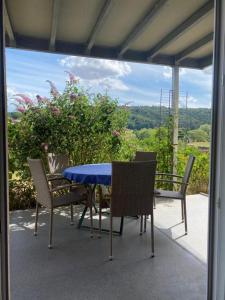 a blue table and chairs on a patio at Flussnest Fulda in Fulda