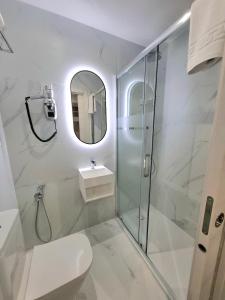 a bathroom with a shower and a toilet and a sink at Hostal San Blas in Madrid