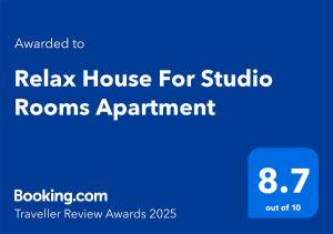 Certifikát, hodnocení, plakát nebo jiný dokument vystavený v ubytování Relax House For Studio Rooms Apartment