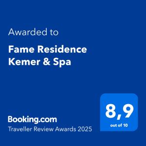 Certifikát, hodnocení, plakát nebo jiný dokument vystavený v ubytování Fame Residence Kemer & Spa