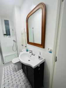 une salle de bain avec un lavabo et un miroir et des toilettes dans l'établissement El Botxito, à Bilbao