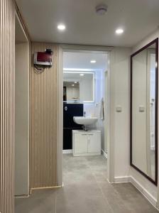 a bathroom with a sink and a mirror at Charmante 2 Zimmer Souterrain in Hannover
