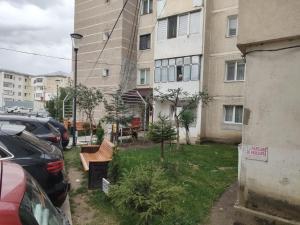 a yard with a bench in front of a building at apartament de inchiriat in loc Moinesti in Moineşti +3 photos