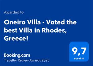 Certifikát, hodnocení, plakát nebo jiný dokument vystavený v ubytování Oneiro Villa - Voted the best Villa in Rhodes, Greece!