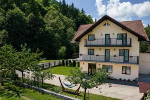 an exterior view of a house with a yard at Transylvania Hut in Moieciu de Sus