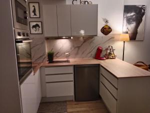 a kitchen with white cabinets and a counter top at Suite Lay in Zaragoza +12 photos