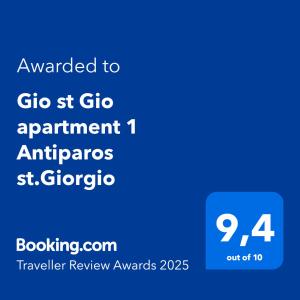 Certifikát, ocenenie alebo iný dokument vystavený v ubytovaní Gio st Gio apartment 2 Antiparos st Giorgio