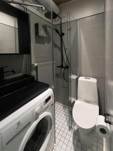 a bathroom with a washing machine and a toilet at Vintage Modern Apartment by Sea - Eiranranta in Helsinki