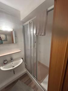 a bathroom with a shower and a sink at Apartment am Kurpark in Bad Oeynhausen