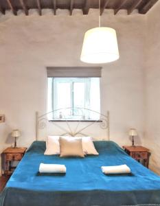 sypialnia z niebieskim łóżkiem i oknem w obiekcie Luxury Villa in Málaga - Private Pool w Maladze +23 zdjęcia