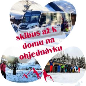 a group of people standing in the snow in front of a bus at Chata Pelikán in Loučná nad Desnou