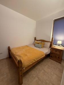a bedroom with a large bed and a night stand at Pine`s Lodge , private Wi-FI in Bansko